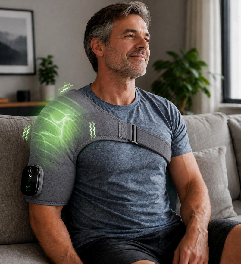 Person using Triple Method Shoulder Massager at home for shoulder comfort support
