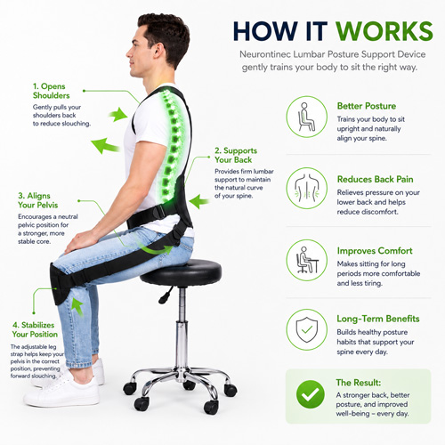 Neurontinec Lumbar Posture Support Device showing seated lumbar support design