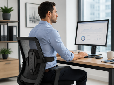 Office professional using lumbar posture support device