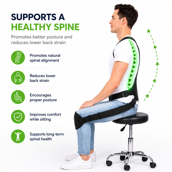 Person using Neurontinec Lumbar Posture Support Device while sitting at home